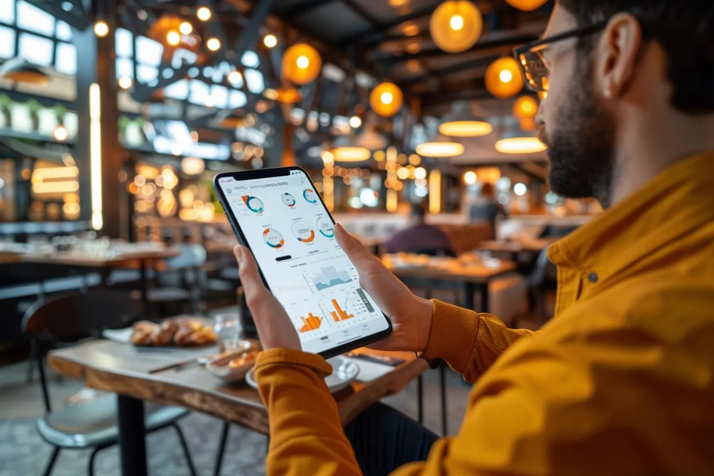 Cliente consultando o cardápio em um tablet dentro de um restaurante